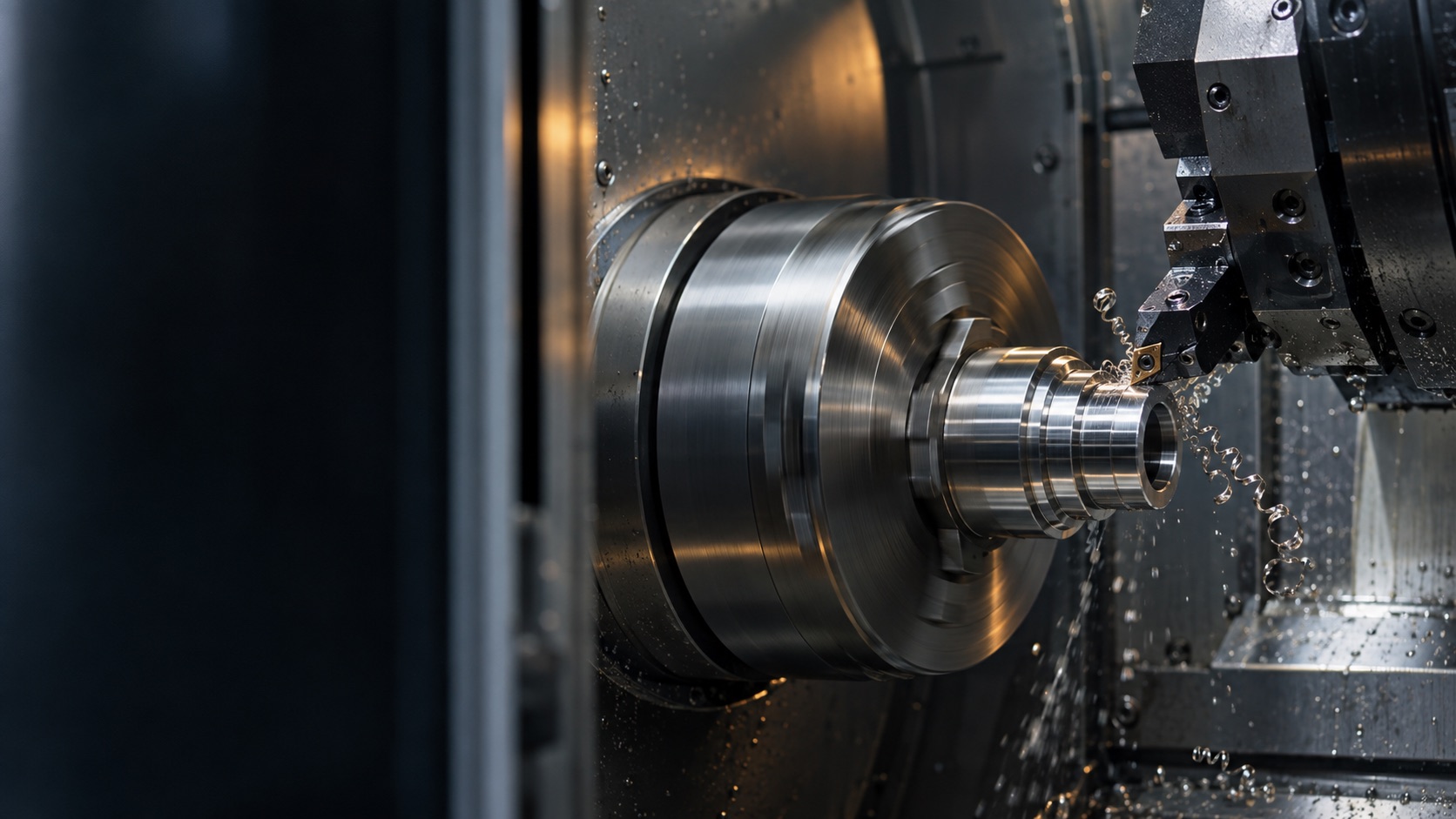 A precision component being turned in a CNC lathe